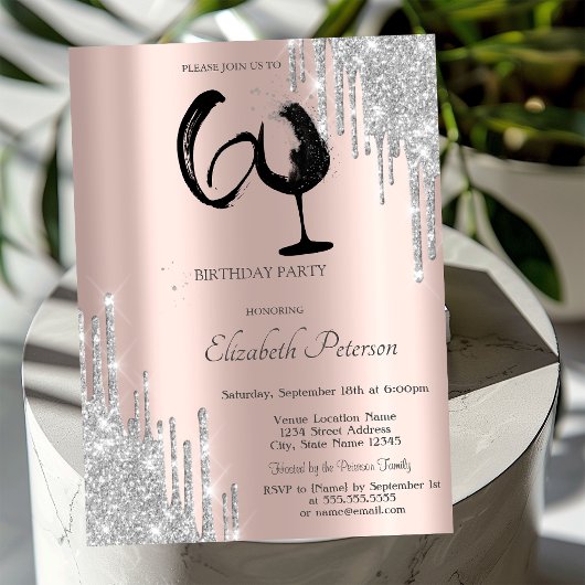 Zilveren Glitter Drips Wijn Glas Rose Goud 60th Kaart