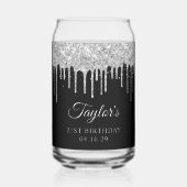 Zilveren Glitter Drips Zwart 21e Verjaardag Blikvorm Glas (Voorkant)