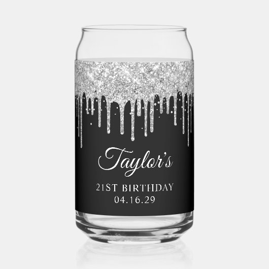 Zilveren Glitter Drips Zwart 21e Verjaardag Blikvorm Glas (Voorkant)