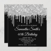 Zilveren Glitter Drips Zwart 40e Verjaardag Kaart (Voorkant / Achterkant)