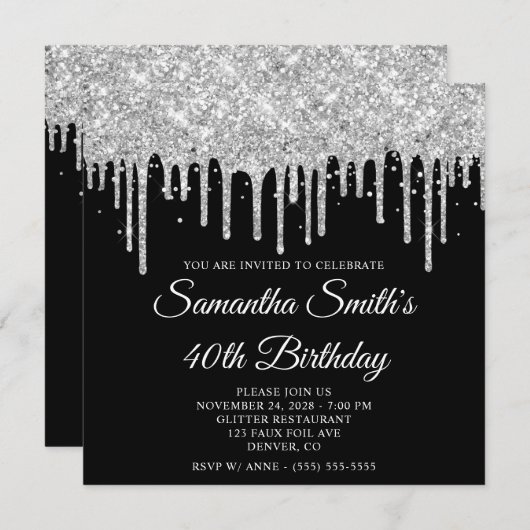 Zilveren Glitter Drips Zwart 40e Verjaardag Kaart (Voorkant / Achterkant)