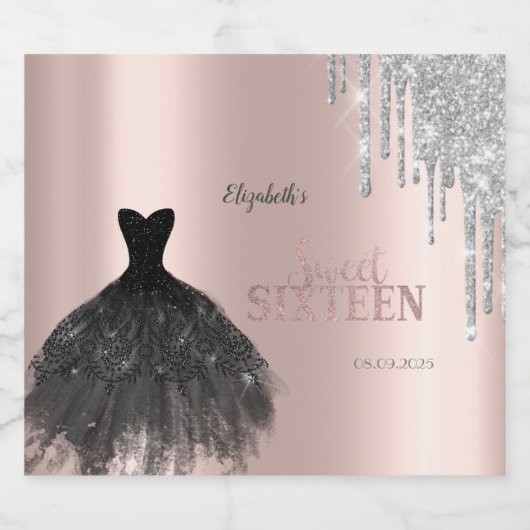 Zilveren glitter drips zwarte jurk Sweet 16 Sparkling Wijnetiket (Enkel label)