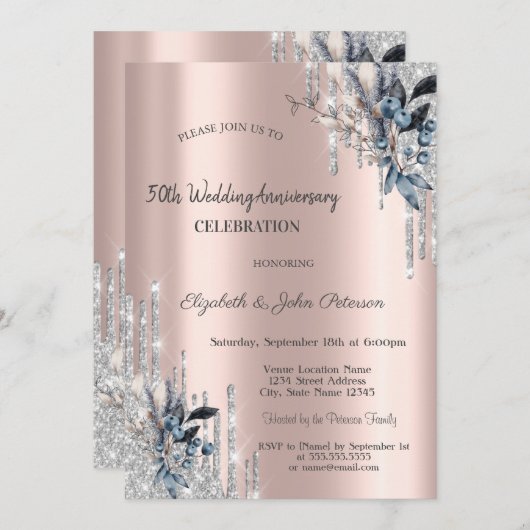 Zilveren glitter druipt winterbloemen bruiloft kaart (Voorkant / Achterkant)