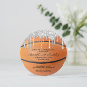 Zilveren Glitter Druppel Basketbal Uitnodiging (Staand voorkant)