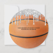 Zilveren Glitter Druppel Basketbal Uitnodiging (Achterkant)