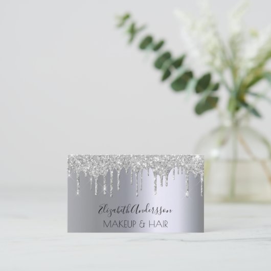 Zilveren glitter druppel make-up haar QR code Visitekaartje (Staand voorkant)