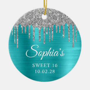 Zilveren Glitter Druppels Aqua Blauwe Sweet 16 Fot Keramisch Ornament