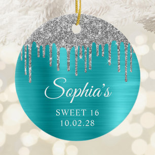 Zilveren Glitter Druppels Aqua Blauwe Sweet 16 Fot Keramisch Ornament