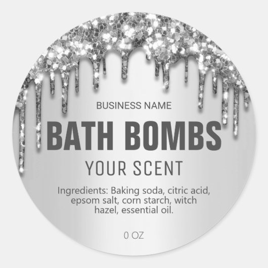 Zilveren glitter druppels bad bom weken labels (Voorkant)