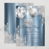 Zilveren Glitter Druppels Ballonnen Blauw Metaal 4 Kaart (Voorkant / Achterkant)