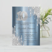 Zilveren glitter druppels blauw metallic 10e verja kaart (Staand voorkant)