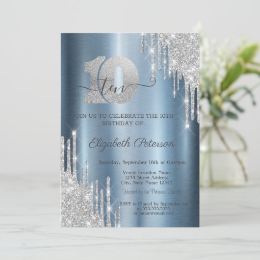 Zilveren glitter druppels blauw metallic 10e verja kaart (Staand voorkant)