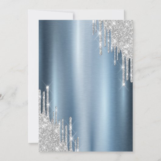 Zilveren glitter druppels blauw metallic 10e verja kaart (Achterkant)