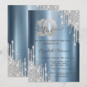 Zilveren glitter druppels blauw metallic 10e verja kaart (Voorkant / Achterkant)