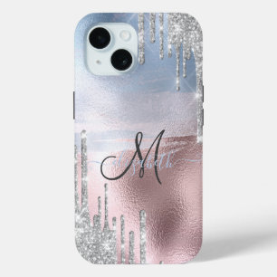 Zilveren Glitter Druppels Blauw Rose Goud Metaalac iPhone 15 Case