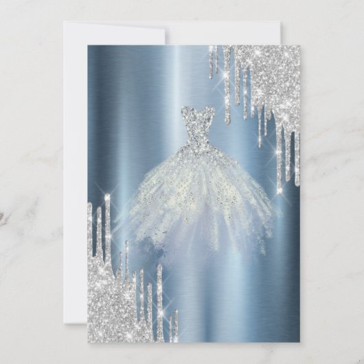 Zilveren Glitter Druppels, Blauwe Jurk Eiffeltoren Kaart (Achterkant)