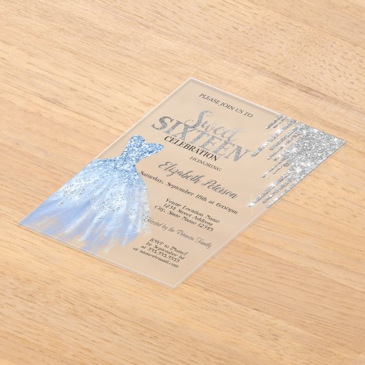 Zilveren Glitter Druppels, Blauwe Jurk Sweet 16 Acryl Uitnodigingen (Laagn)