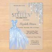 Zilveren Glitter Druppels, Blauwe Jurk Sweet 16 Acryl Uitnodigingen (Voorkant)