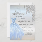 Zilveren glitter druppels, blauwe jurk zilver zoet kaart (Voorkant)