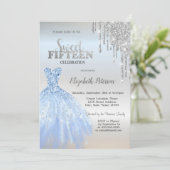 Zilveren glitter druppels, blauwe jurk zilver zoet kaart (Staand voorkant)