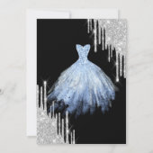 Zilveren glitter druppels, blauwe jurk zwart zoet  kaart (Achterkant)