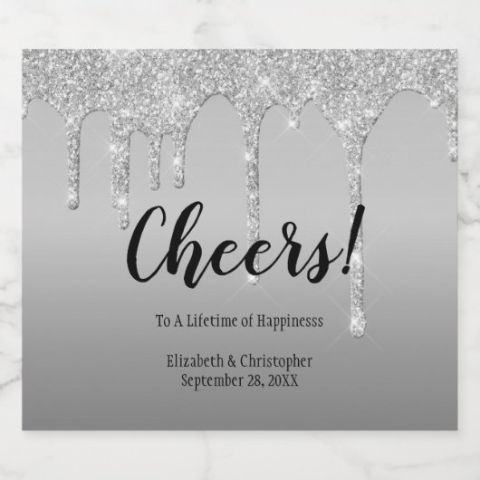 Zilveren glitter druppels bruiloft wijn fles sparkling wijnetiket (Enkel label)