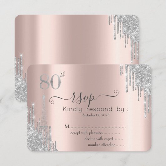   Zilveren Glitter Druppels, Eiffeltoren 80th RSVP Kaart (Voorkant / Achterkant)