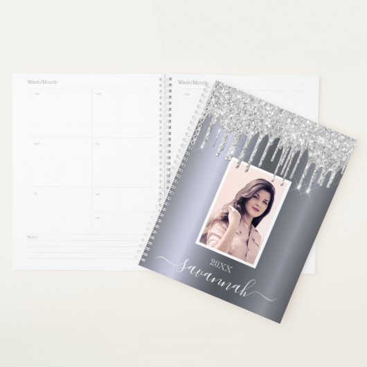 Zilveren glitter druppels foto naam script planner (Display)