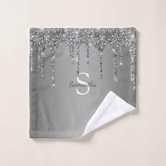 Zilveren Glitter Druppels Glans Monogram Naam Bad Handdoek (Wasdoekje)