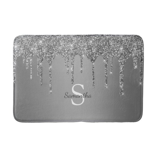 Zilveren Glitter Druppels Glans Monogram Naam Badmat (Voorkant)