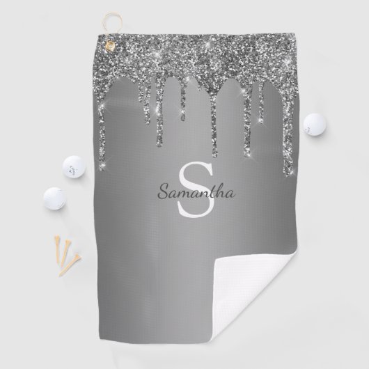 Zilveren Glitter Druppels Glans Monogram Naam Golfhanddoek (Insitu)