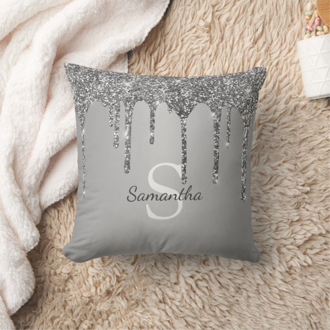 Zilveren Glitter Druppels Glans Monogram Naam Kussen (Deken)