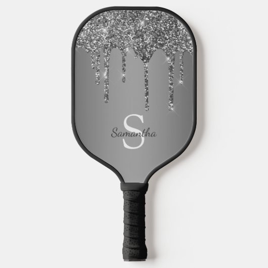Zilveren Glitter Druppels Glans Monogram Naam Pickleball Paddle (Voorkant)