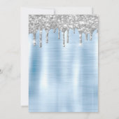Zilveren glitter druppels, jurk blauw quinceañera kaart (Achterkant)