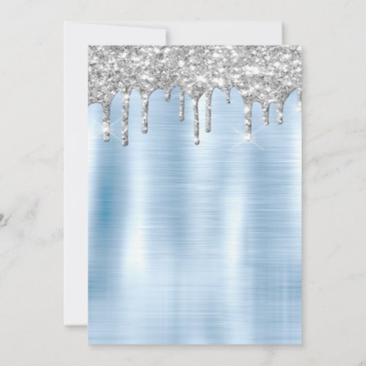 Zilveren glitter druppels, jurk blauw quinceañera kaart (Achterkant)