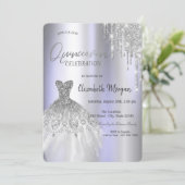 Zilveren Glitter Druppels Jurk Violet Quinceañera Kaart (Staand voorkant)