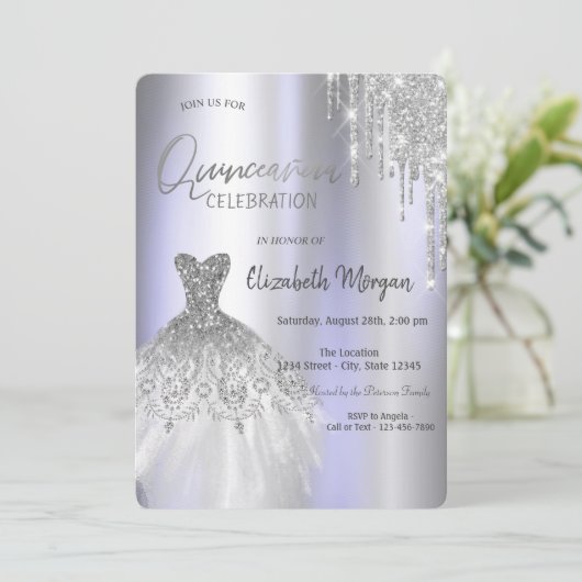 Zilveren Glitter Druppels Jurk Violet Quinceañera Kaart (Staand voorkant)