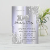 Zilveren glitter druppels licht Paarse 100e verjaa Kaart (Staand voorkant)