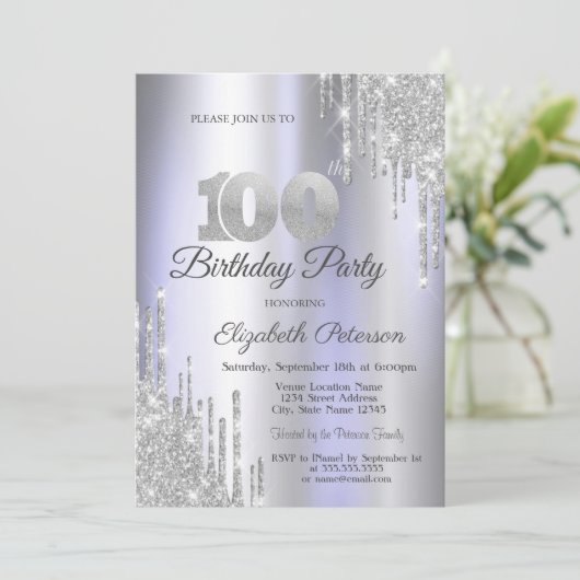 Zilveren glitter druppels licht Paarse 100e verjaa Kaart (Staand voorkant)