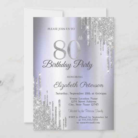 Zilveren glitter druppels licht Paarse 80ste verja Kaart (Voorkant)