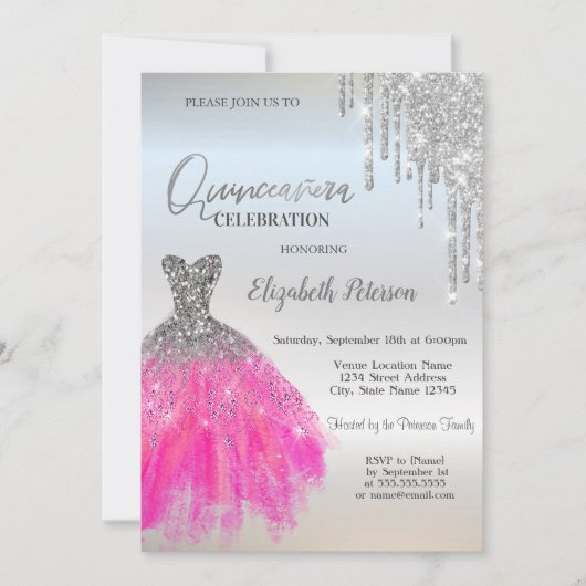 Zilveren glitter druppels, luxe jurk quinceanera kaart (Voorkant)