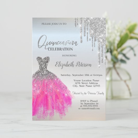 Zilveren glitter druppels, luxe jurk quinceanera kaart (Staand voorkant)