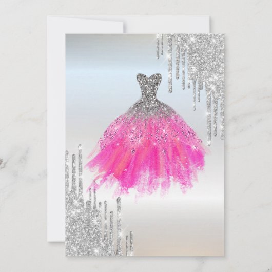 Zilveren glitter druppels, luxe jurk quinceanera kaart (Achterkant)