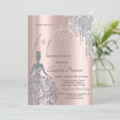 Zilveren glitter druppels, meisje jurk 50e verjaar kaart (Staand voorkant)