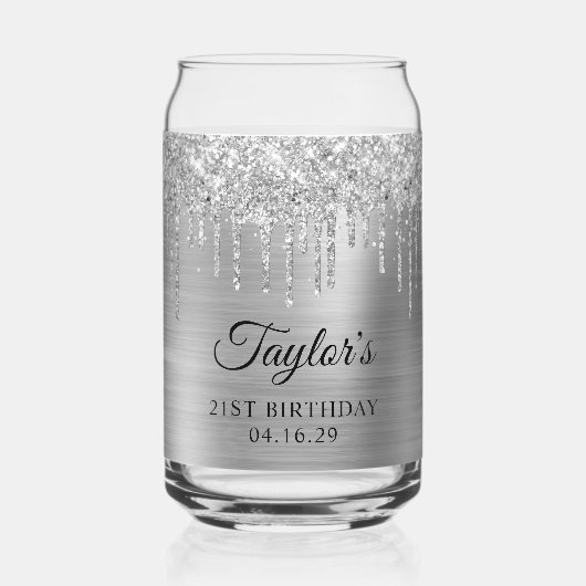 Zilveren Glitter druppels Metallic 21e verjaardag Blikvorm Glas (Voorkant)