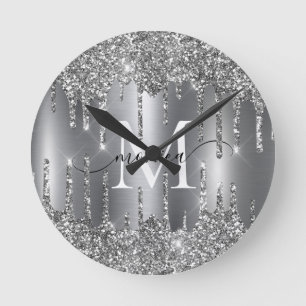 Zilveren Glitter Druppels Monogram Verpersoonlijkt Ronde Klok