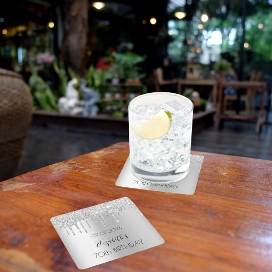 Zilveren glitter druppels naam verjaardag kartonnen onderzetters