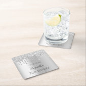 Zilveren glitter druppels naam verjaardag kartonnen onderzetters (Insitu)