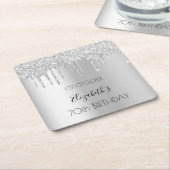 Zilveren glitter druppels naam verjaardag kartonnen onderzetters (Schuin)