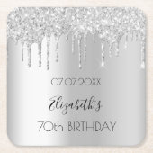 Zilveren glitter druppels naam verjaardag kartonnen onderzetters (Voorkant)